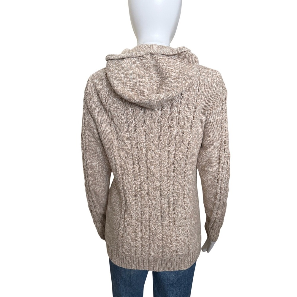 L.L Bean Beige Cream Hooded Cable Knit Front Zip Sweater Cardigan Medium - Picture 3 of 9